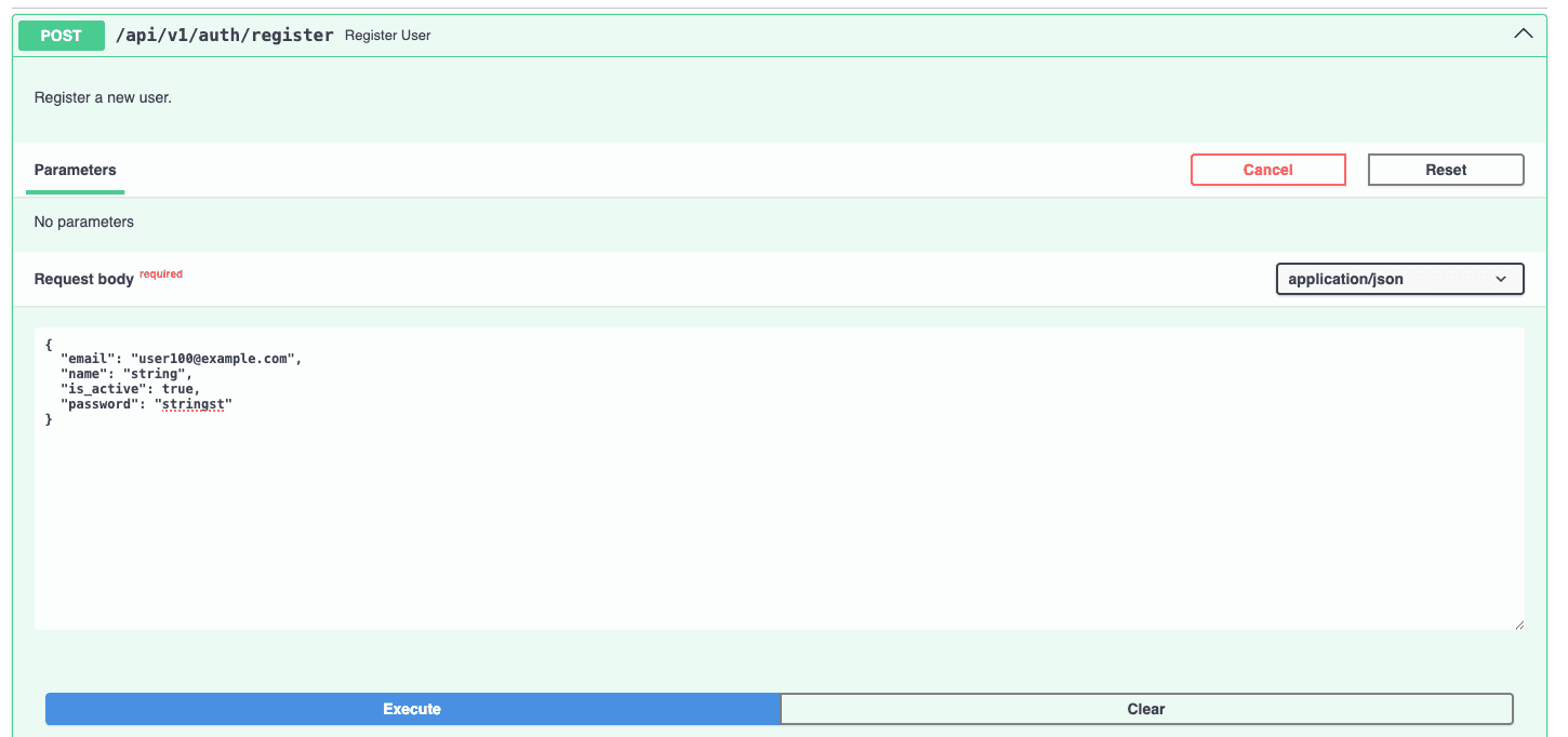 Register a user in Swagger UI